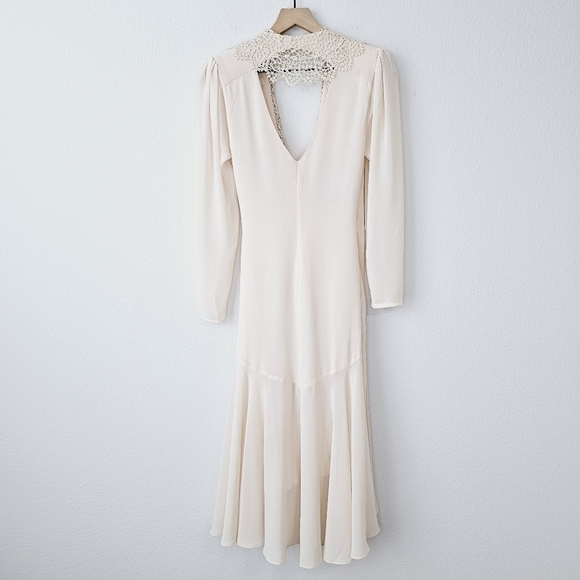 Vintage J.Harris 80s Wrap Lace Chiffon Pearls Romantic Long Sleeve Midi Dress - Picture 3 of 16